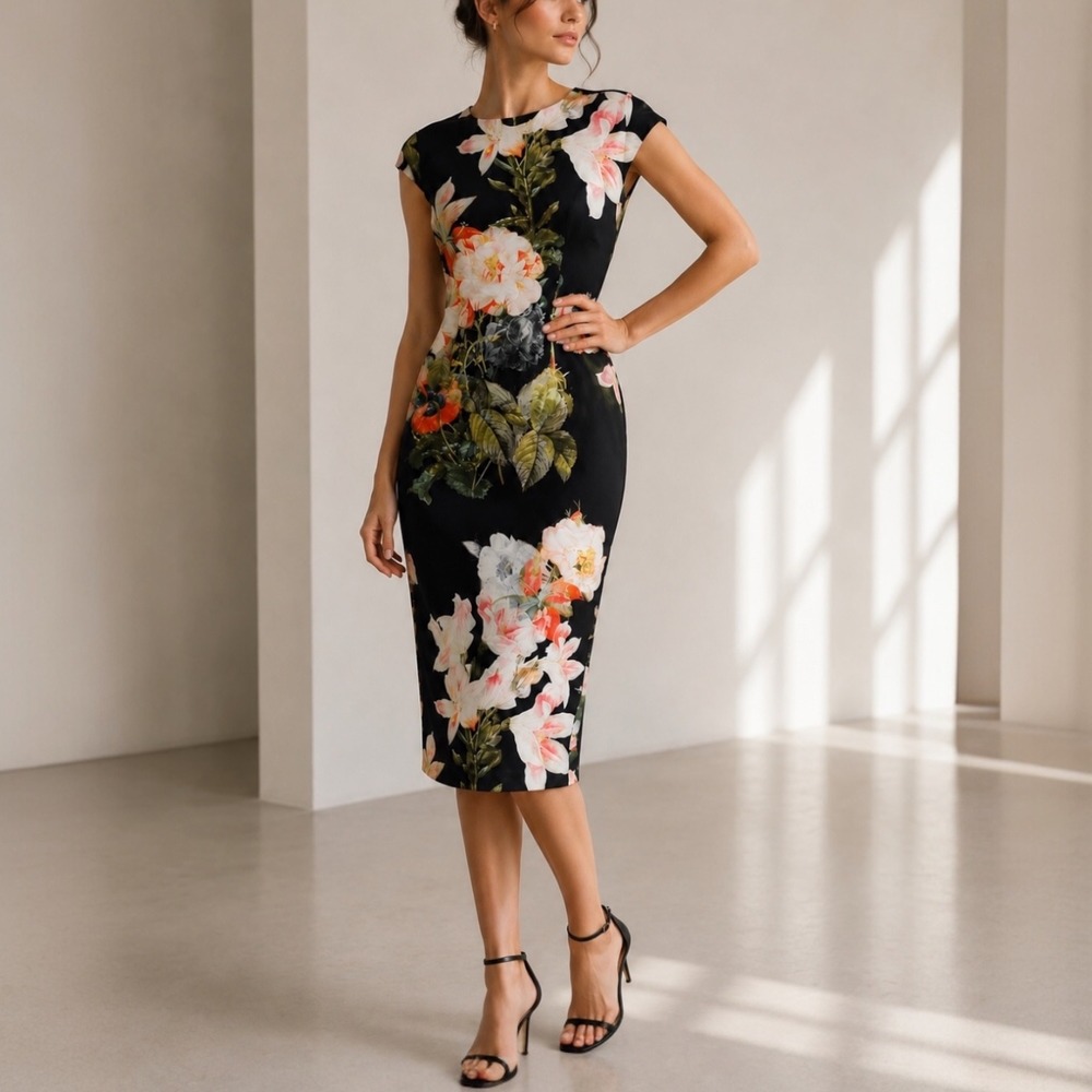 Ted Baker Candiss Floral Bodycon Midi Dress Black Pink Green Size 0 XS Cocktail